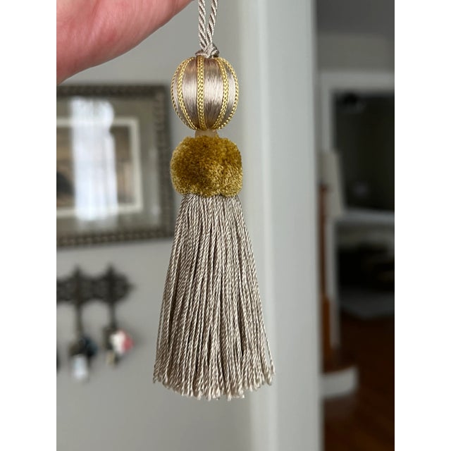 Antique White Pair of Satin Beaded Key Tassels in Antique Mineral Color With Cut Velvet Ruche For Sale - Image 8 of 13