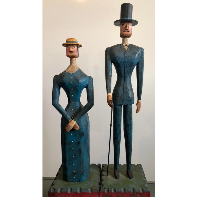 Curtis Jeré, Hand Carved Painted Wood Folk Art Americana Sculpture Pair American Gothic, 1982 For Sale - Image 12 of 12