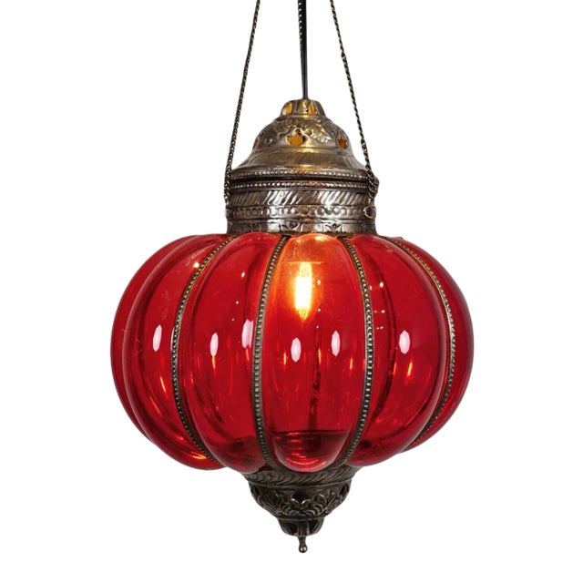Vintage Red Glass Pumpkin Pendant Light For Sale