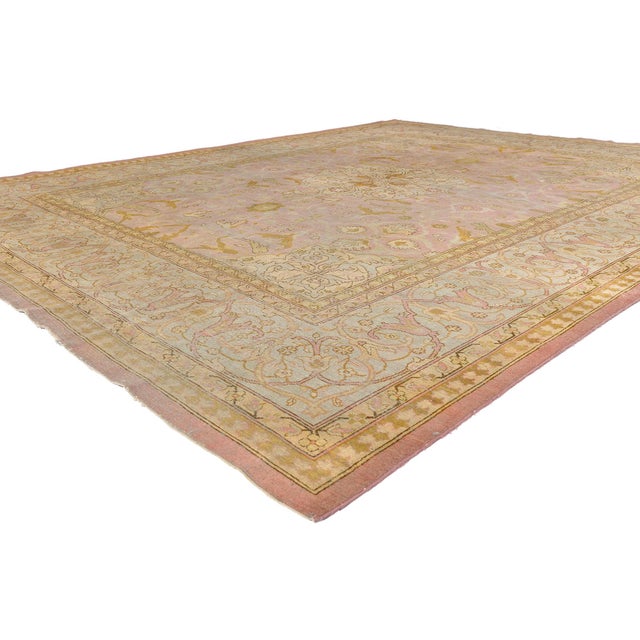 79367 Antique Indian Agra Rug, 10'10 x 13'08. The Blush Court: An Antique Indian Agra Masterpiece of Botanical Grandeur...