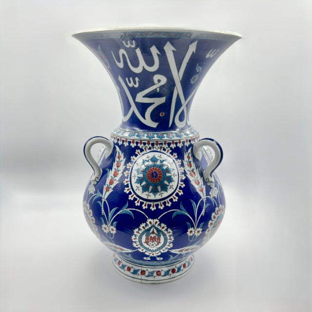 Handmade Ceramic Kandil Vase (50cm) Cobalt Blue Calligraphy Triple Handled Form For Sale - Image 10 of 11