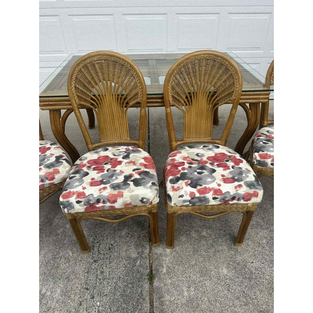 Vintage Wicker & Rattan Dining Set With Glass Top Table and 6 Upholstered Cane Chairs For Sale - Image 10 of 13