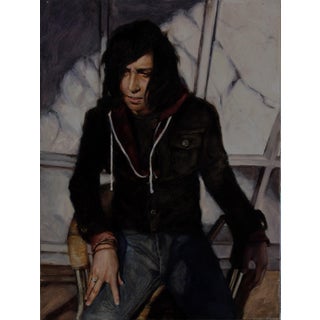 A Ghost Inside by Che Leviathan | Oil Painting of a seated figure in casual clothing For Sale