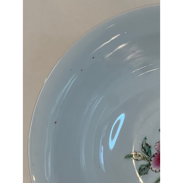 Late 20th Century Vintage Famille Rose Chinese Porcelain Bowl With Peonies and Butterflies on Hand-Carved Stand For Sale - Image 11 of 13