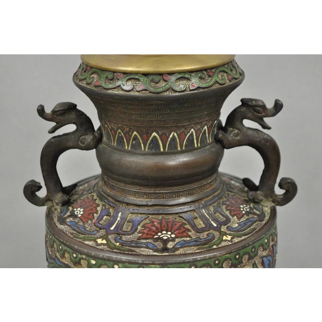 Antique Chinese Porcelain Enamel Bronze Oriental Cloisonne Champleve Table Lamp For Sale - Image 4 of 12