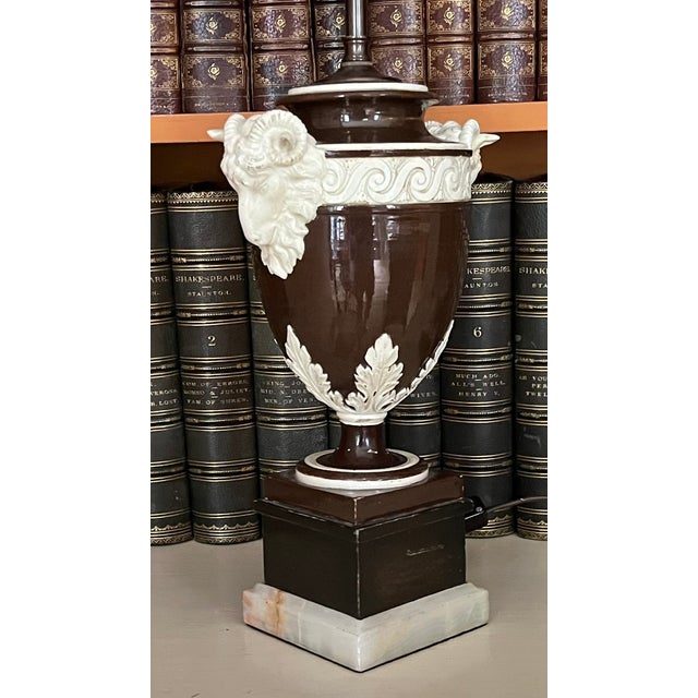 Fine Antique 19th Century Italian Creamware Urn With Goat Mask Handles Mounted as a Table Lamp For Sale - Image 9 of 15
