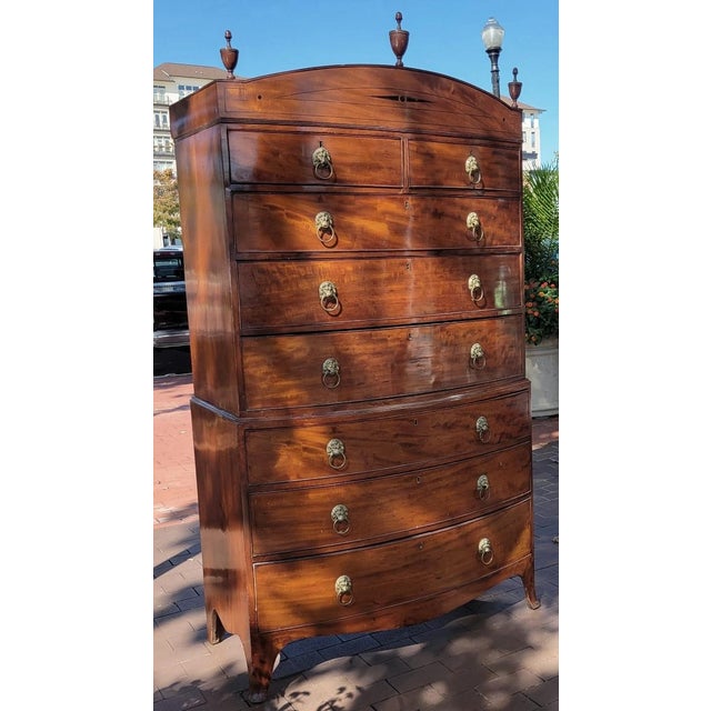 English Regency Mahogany Bow-Front Chest-on-Chest With Ebony Inlay & Lion-Head Pulls, C. 1810–1820 For Sale - Image 10 of 10