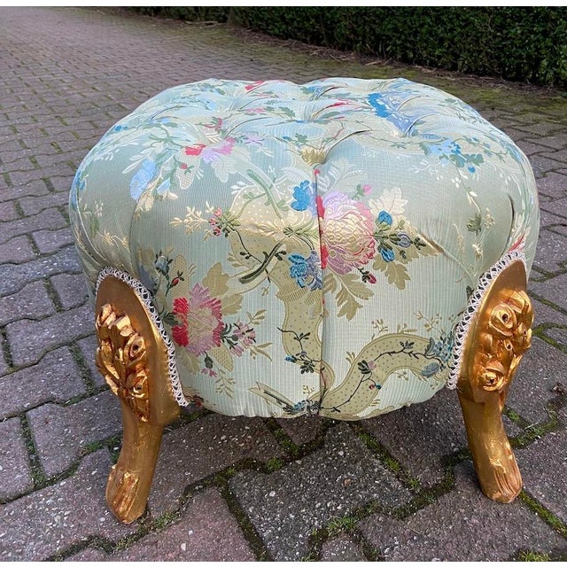 Late 20thC French Louis XVI Gilded Beech Pistachio Damask Bench For Sale - Image 6 of 6