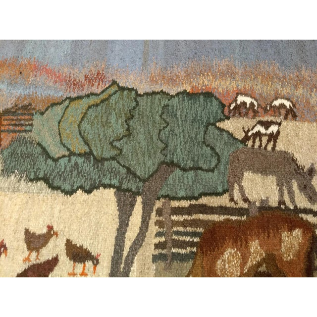 Vintage African Tapestry, Handwoven Wool, Village Life Scenes, Ivory & Blue, 4x5 For Sale - Image 9 of 10