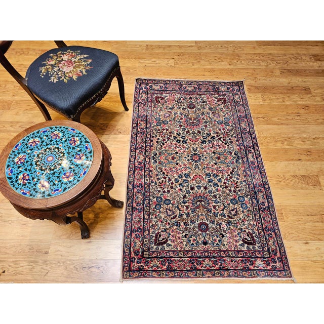 Persian Vintage Persian Kerman Lavar Rug, Hand-Knotted Wool, Floral Pattern, Ivory & Blue, 3x5 For Sale - Image 3 of 12