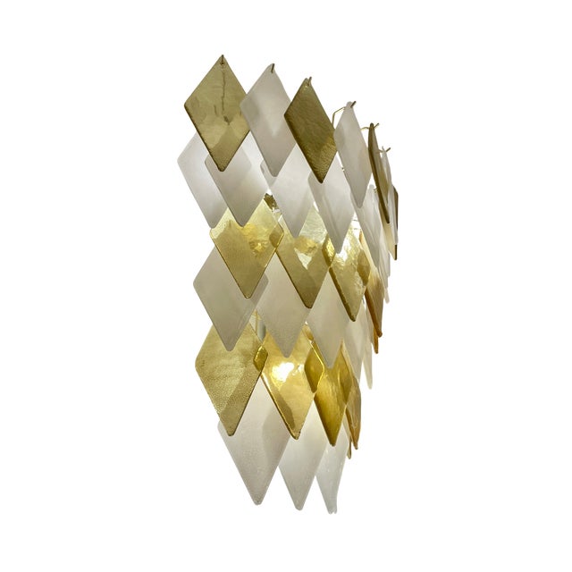 Contemporary Murano Glass Wall Sconces in Gold and White Rhombuses, Set of 2 For Sale - Image 3 of 8