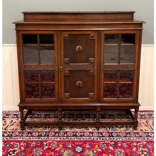 Antique English Jacobean Bookcase Bookshelf Cabinet Barley Twist Wavy Glass Oak For Sale - Image 12 of 18