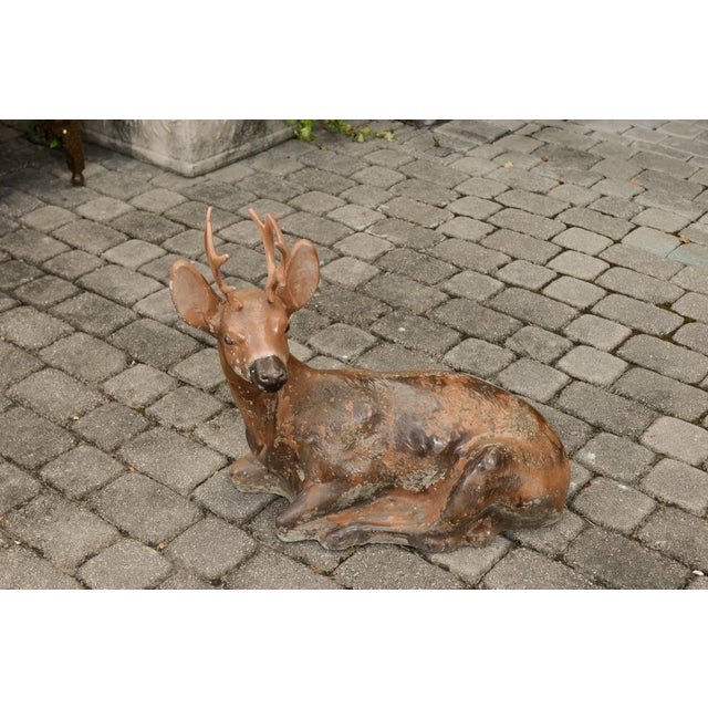 Metal Vintage American Concrete Reclining Deer Sculpture with Iron Antlers and Patina For Sale - Image 7 of 11