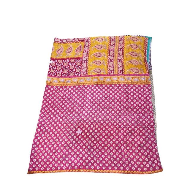 Pink Vintage Indian CottonThrow Kantha Quilt 83" by 52" W For Sale - Image 8 of 11