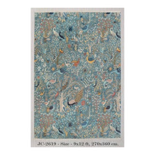 Blue Peacock Birds Garden Scene Soft Hand Knotted Hand Spun Wool Rug 8x10Ft. For Sale