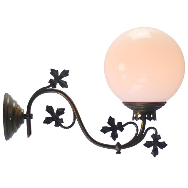 Belgian Art Nouveau Wall Light with Brass Arm and Opaline Glass Globe For Sale - Image 3 of 10