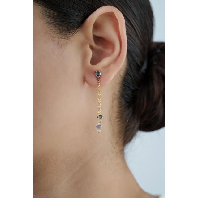 Not Yet Made - Made To Order 18k Gold Linear Drop Dangle Earrings With 1.2ct Blue Sapphire & Diamond- A Pair For Sale - Image 5 of 14