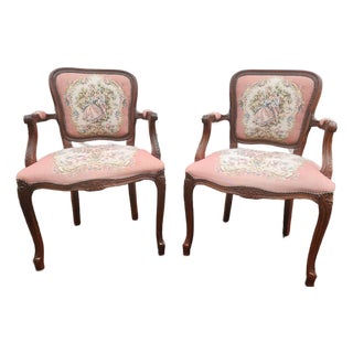 Pair of Vintage Louis XV Style French Provincial Open Armchairs With Pink Romantic Tapestry Upholstery For Sale