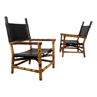 Italian Bamboo and Leather Lounge Chairs, 1970s, Set of 2 For Sale
