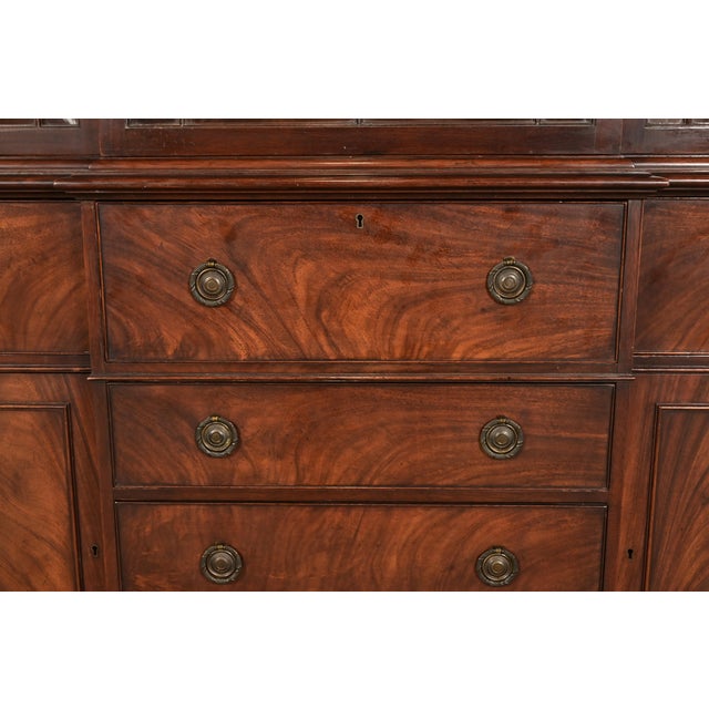 Brown Baker Furniture Georgian Flame Mahogany Bubble Glass Breakfront Bookcase Cabinet With Drop Front Secretary Desk, Circa 1940s For Sale - Image 8 of 14