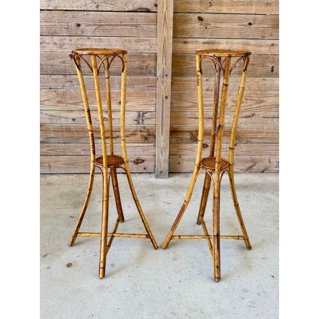 Tan Vintage Pair of Faux Bamboo and Woven Rattan Plant Stands For Sale - Image 8 of 12