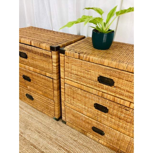 Vintage Pair of Woven Rattan Chest on Chest Dressers Boho Chic Campaign Style For Sale - Image 15 of 15