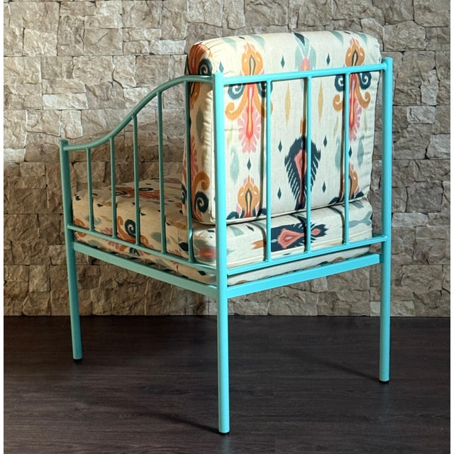 Pair of Wrought Iron Turquoise Lounge Chairs with Outdoor Geometrical Fabric For Sale In Miami - Image 6 of 18