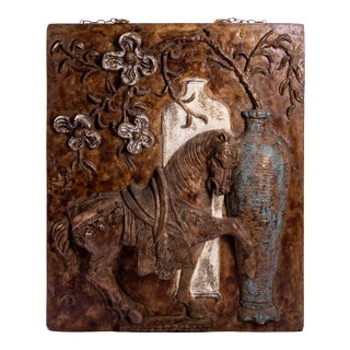 Late 20th Century Cast Plaster and Fiberglass Tang Horse and Floral Wall Sculpture For Sale