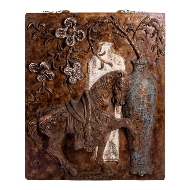 Late 20th Century Cast Plaster and Fiberglass Tang Horse and Floral Wall Sculpture For Sale