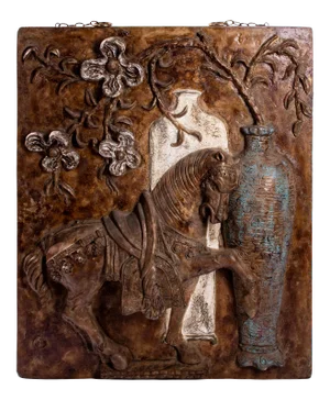 Late 20th Century Cast Plaster and Fiberglass Tang Horse and Floral Wall Sculpture