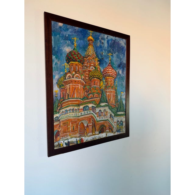Vibrant 1980’s oil on canvas painting depicting the iconic Cathedral of St. Basil in Moscow, Russia. Executed in an...