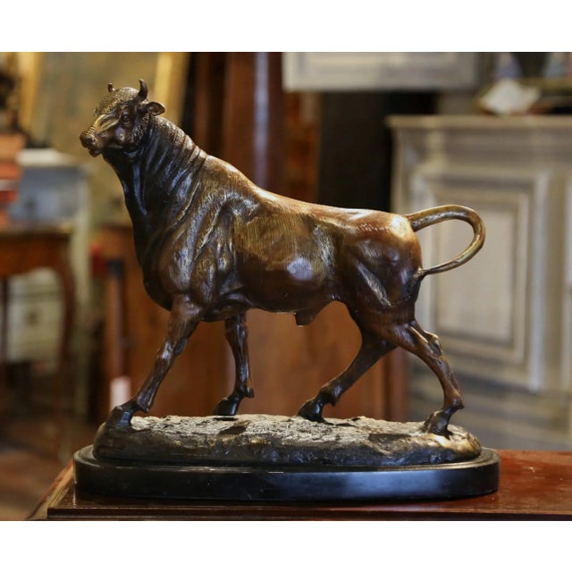 Early 20th Century Early 20th Century French Patinated Bronze Bull Sculpture on Black Marble Base For Sale - Image 5 of 9