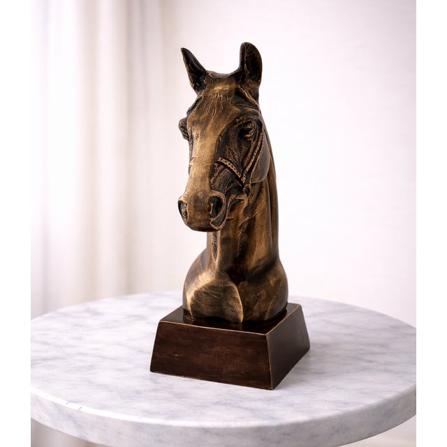1970s Antique Brass Finish Metal Horse Bust Sculptures For Sale - Image 5 of 9