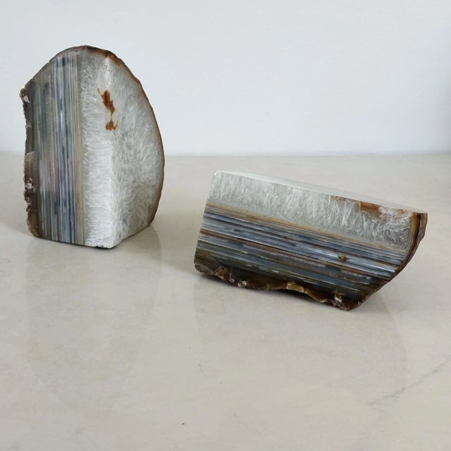 Traditional Antique Geode Bookends Composed of Both White Quartz and White Agate, a Pair For Sale - Image 3 of 8