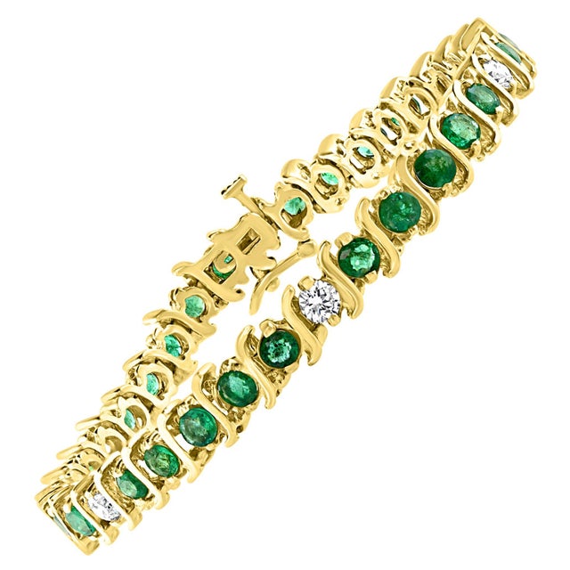 6 Carat Emerald & 1.5 Carat Diamond Tennis Bracelet 14 Karat Yellow Gold S-Shape For Sale - Image 15 of 18