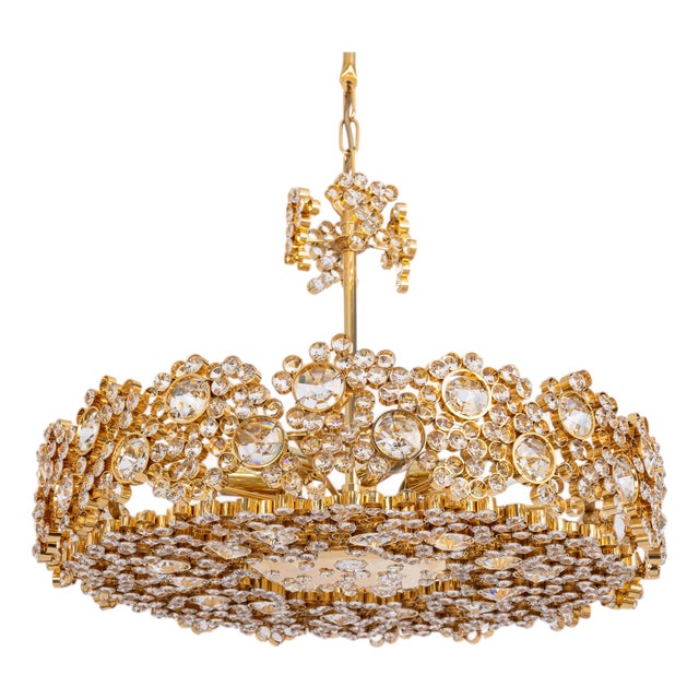 Gilt Brass and Crystal Glass Encrusted Chandeliers from Palwa, Germany, 1970s For Sale