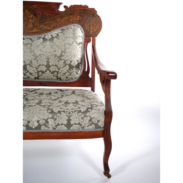 19th Century Mahogany Wood Frame Inlay Marquetry Top Settee / Sofa For Sale - Image 4 of 10