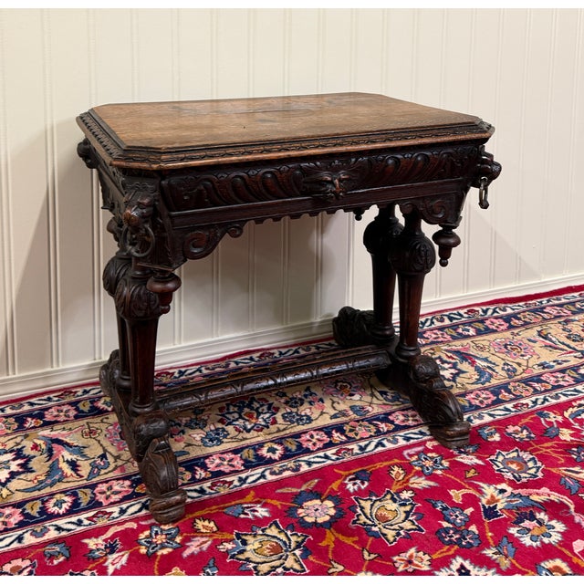 Late 19th Century Antique French Dolphin Table Desk Renaissance Revival Petite Drawer Oak c.1890s For Sale - Image 5 of 12