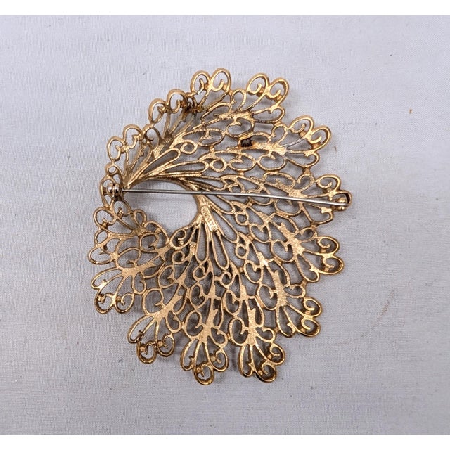 Monet Vintage 1966 Signed Monet Goldtone Filigree Brooch For Sale - Image 4 of 7