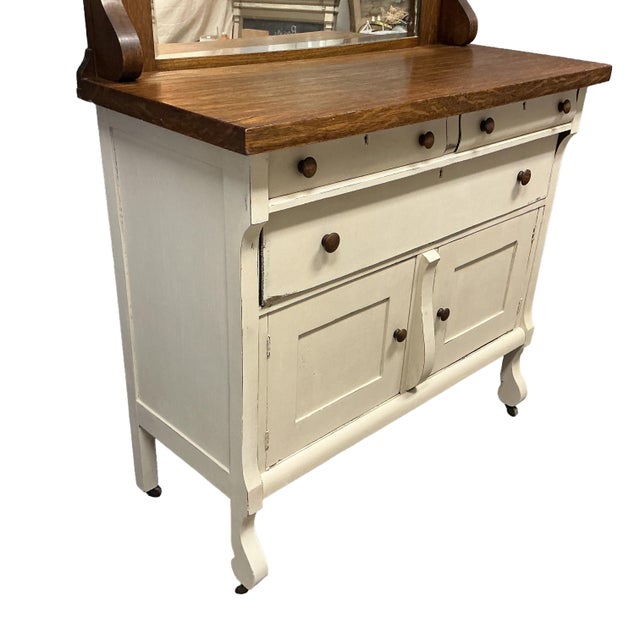 Farmhouse Vintage Petite Sideboard Buffet W Mirror Oak Wood Painted Canvas White Farmhouse For Sale - Image 3 of 11
