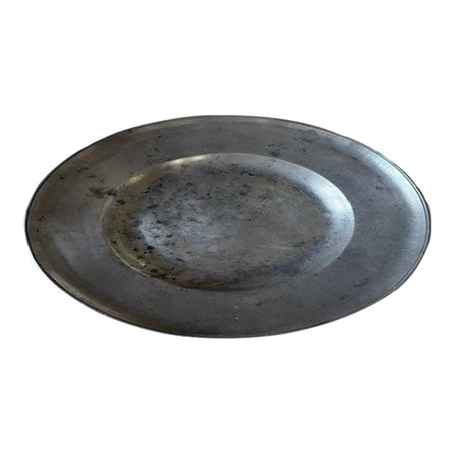Antique 18th C. European Pewter Charger With Zig-Zag Wiggle Work Initials - Pewter For Sale