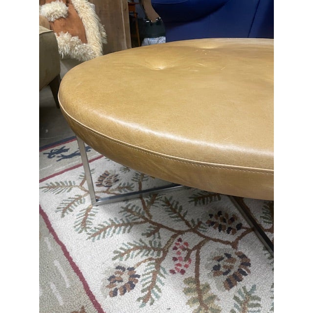 Mid-Century Modern Mid Century Style Room & Board Tan Tufted Leather & Chrome Round Ottoman Stool For Sale - Image 3 of 10