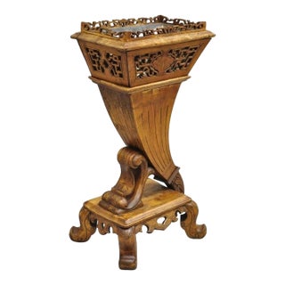 Vintage Fretwork Carved Teak Wood Chinese Cornucopia Plant Stand Planter For Sale