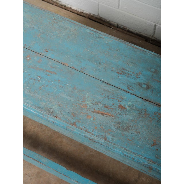 Mid 20th Century Vintage Blue Painted Rustic Farmhouse Wooden Bench For Sale - Image 5 of 5