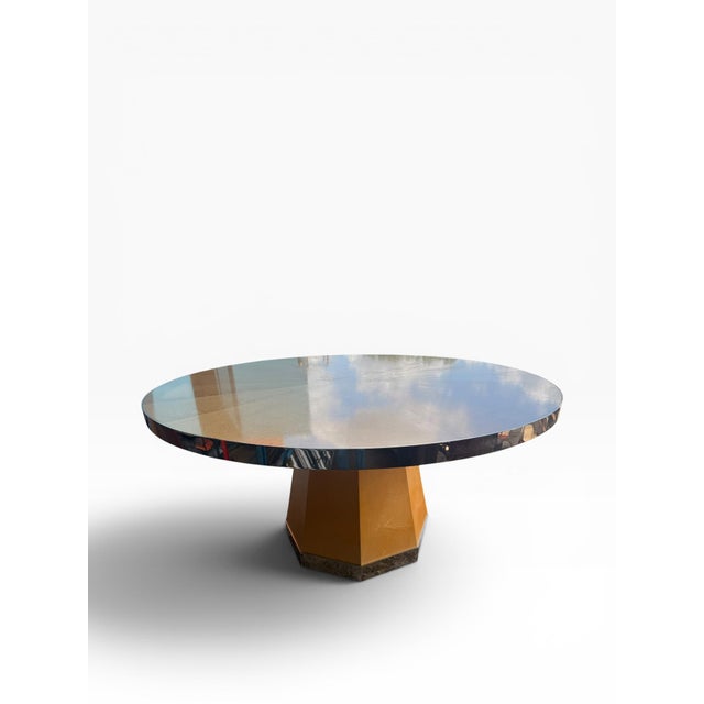 Wood Late 20th Century 60” Postmodern Birdseye Maple Dining Table With Polished Metal Banding – Masterpiece Custom Furniture For Sale - Image 7 of 15