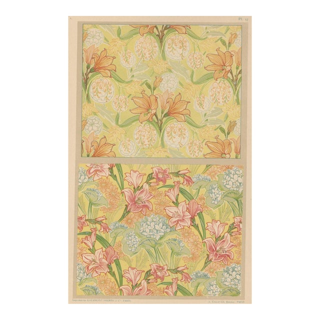 C1900 French Botanical Design Chromolithograph-Amaryllis, Violets For Sale