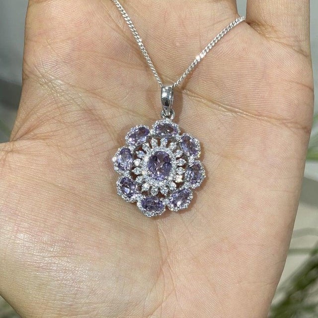 Elegant Floral Amethyst Pendant With Cubic Zirconia Accents - Caratandher For Sale - Image 6 of 14