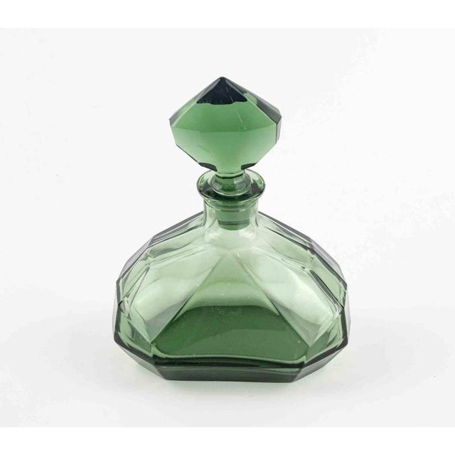 Vintage Cubist Art Deco Decanter in Green Art Glass, France, 1930s For Sale - Image 6 of 7