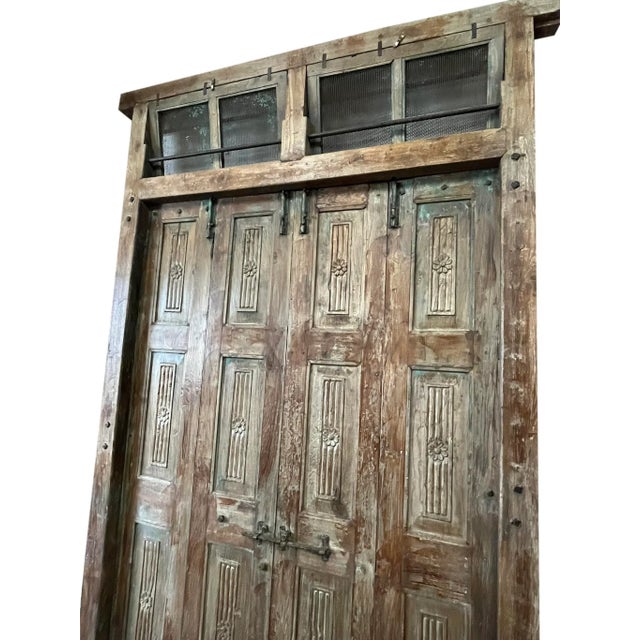 Antique Rustic Carved Exterior Teak Double Hinged Doors, Colonial Plantation Architecture For Sale - Image 11 of 13