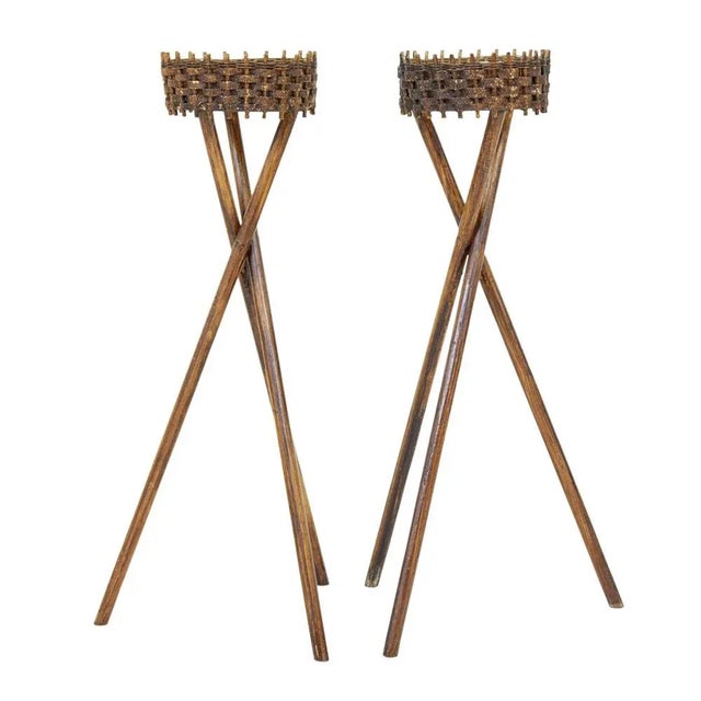 Pair of mid 20th century woven plant stands circa 1950. Good quality pair of swedish made woven cane plant stands. Made...